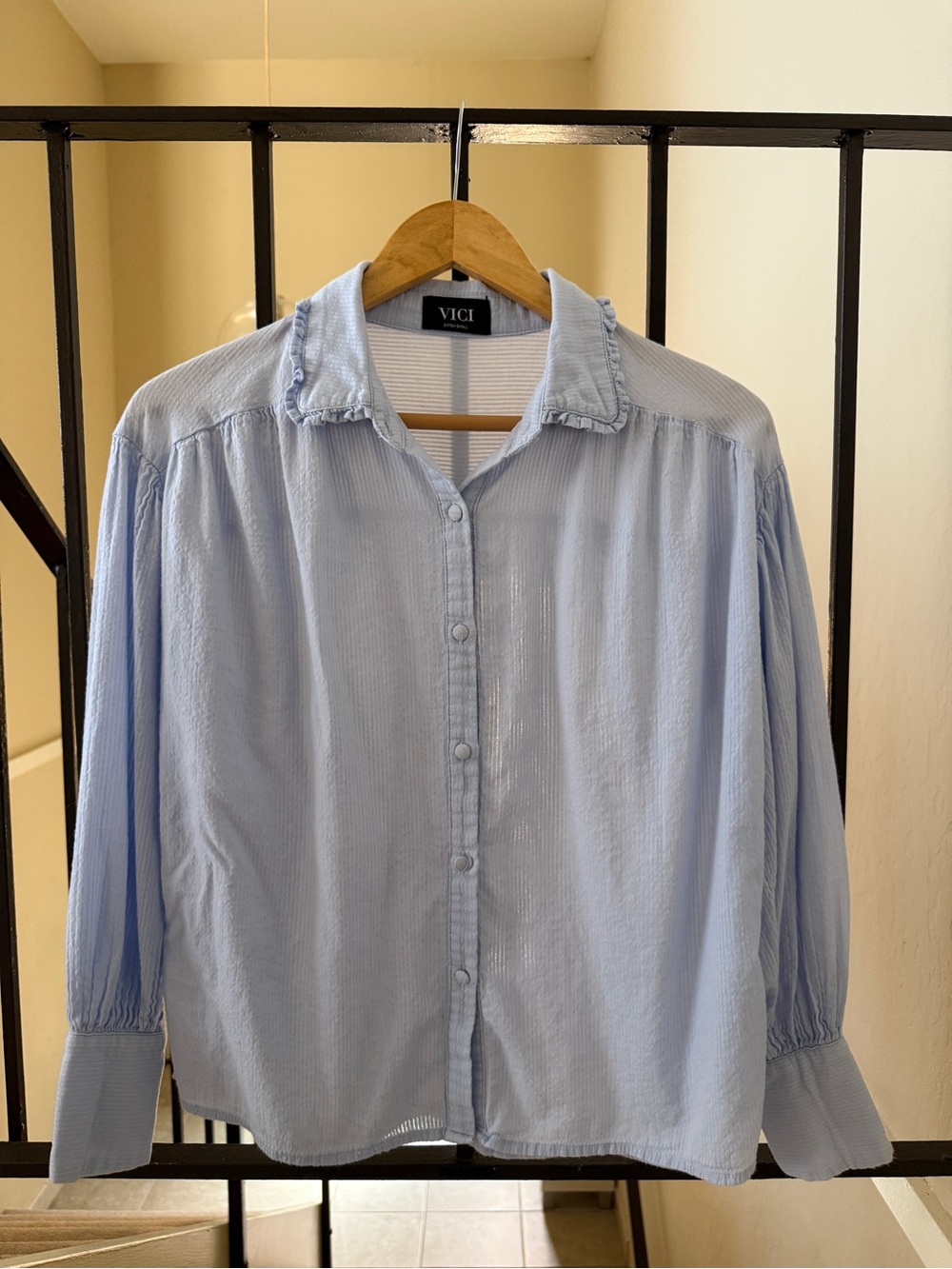 VICI Pale Blue Button-Front Ruffle Collar Shirt